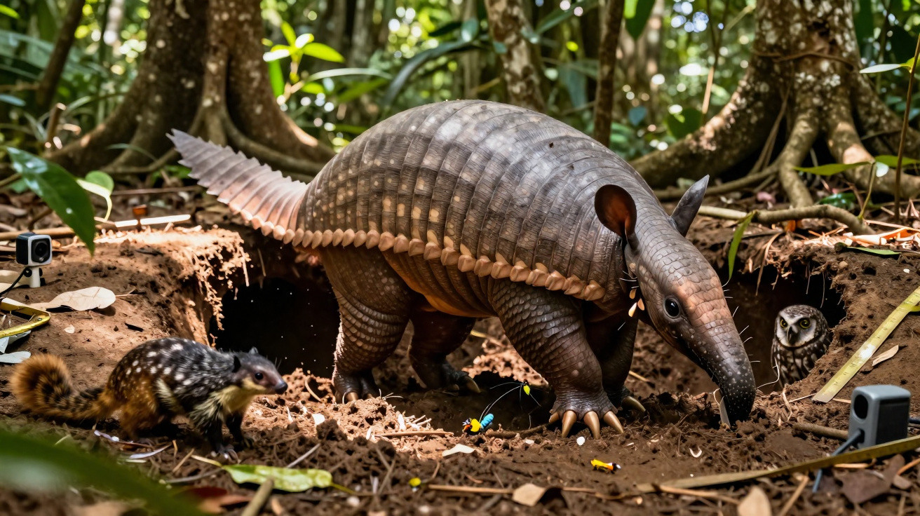 Tatou, écureuil et chouette dans leur habitat naturel en forêt tropicale.