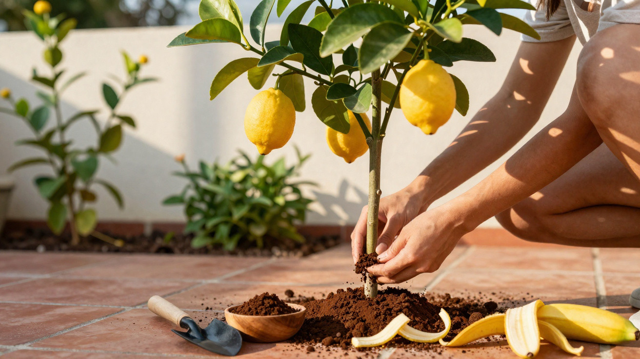 Personne plantant un jeune citronnier fruitier dans un pot en terre sur une terrasse ensoleillée.