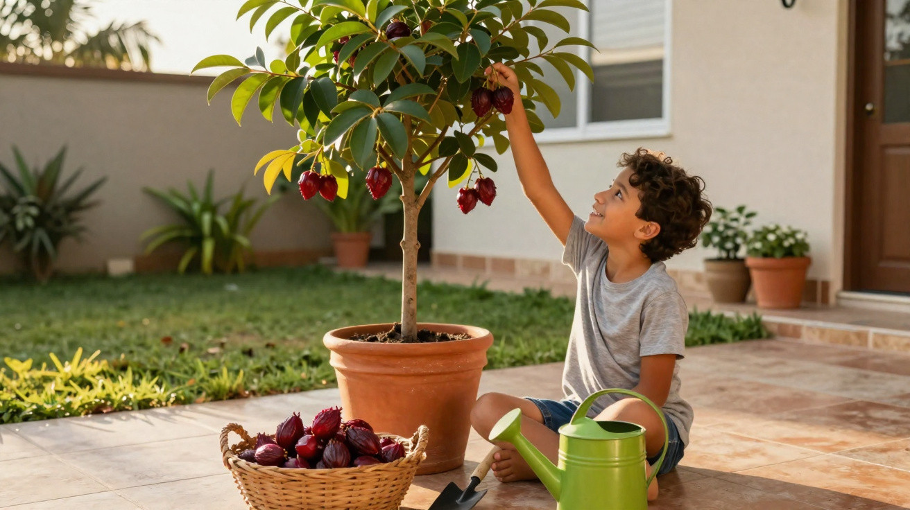 Garçon assis récoltant des fruits rouges sur un petit arbre en pot sur une terrasse ensoleillée.