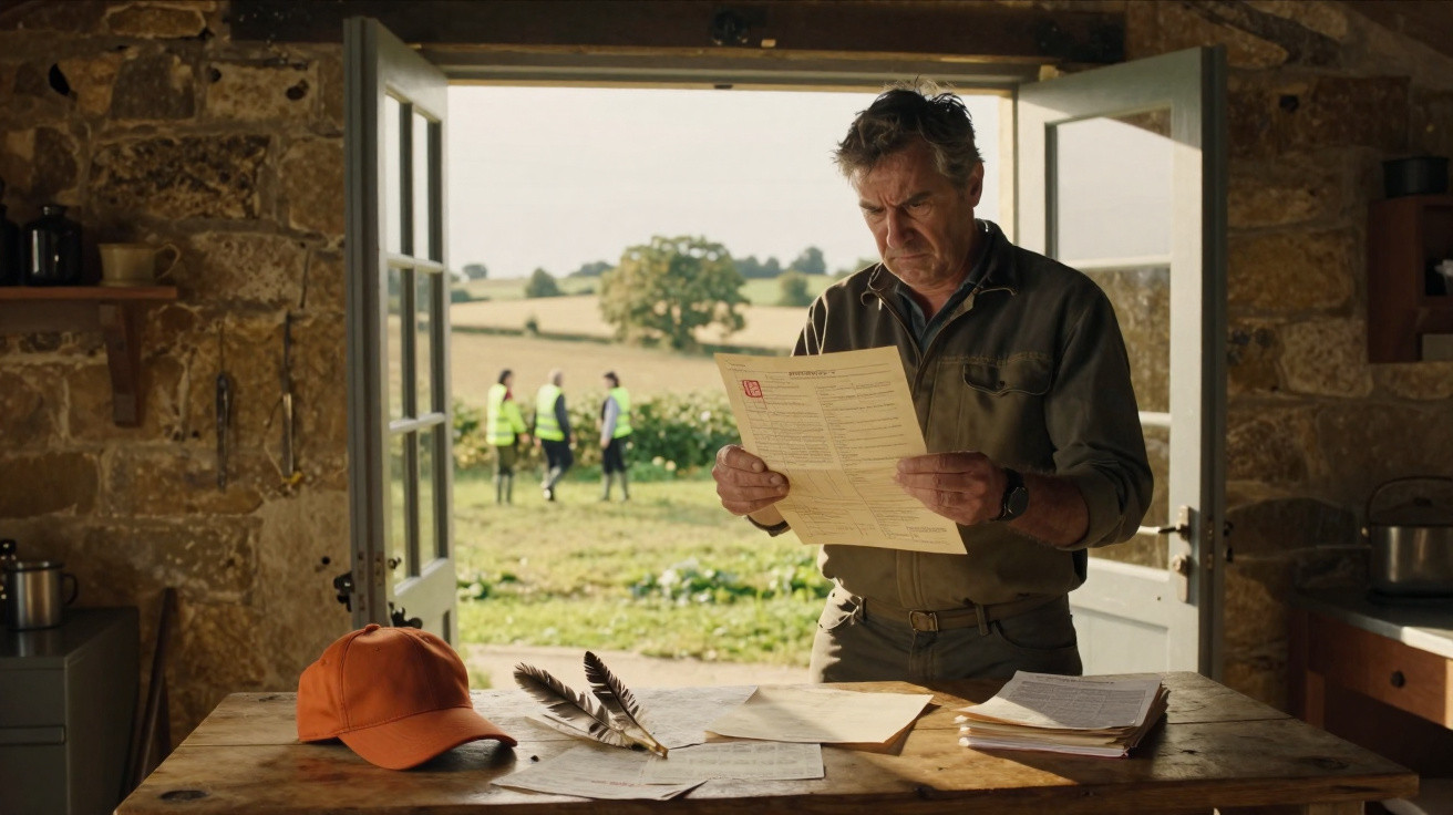 Homme lisant un document dans une ferme, table en bois avec casquette orange et plumes, campagne visible à l'arrière.