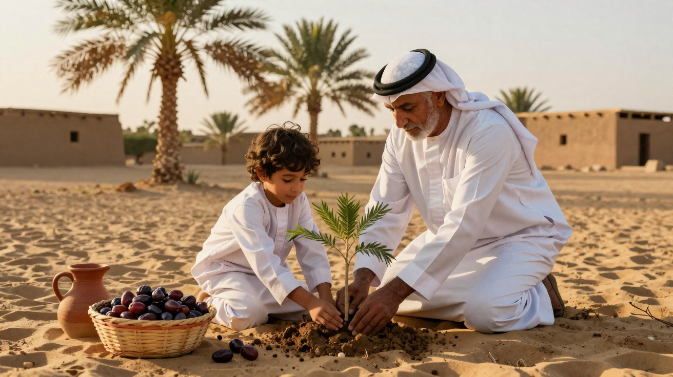 Un homme et un enfant en tenue traditionnelle plantent un palmier dans un désert avec des dattes à côté.