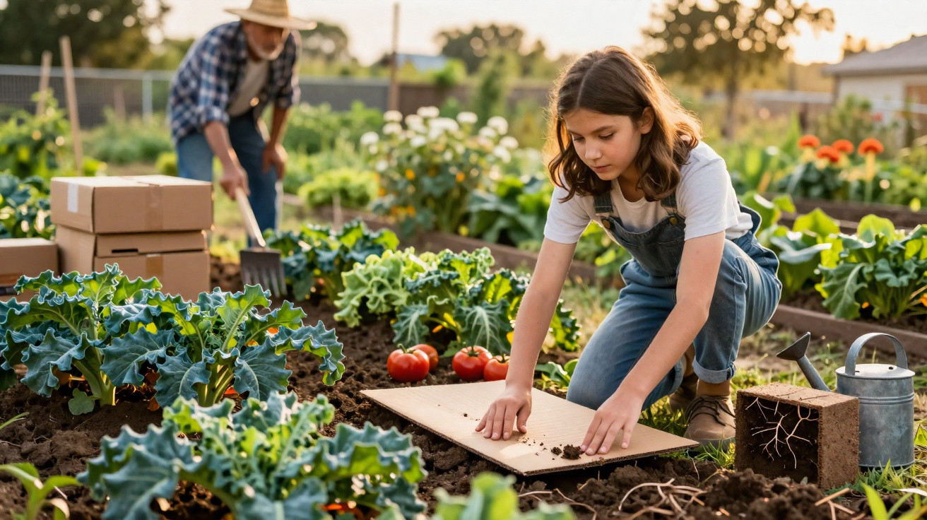 Jeune fille plantant des légumes dans un jardin potager avec un adulte travaillant en arrière-plan.