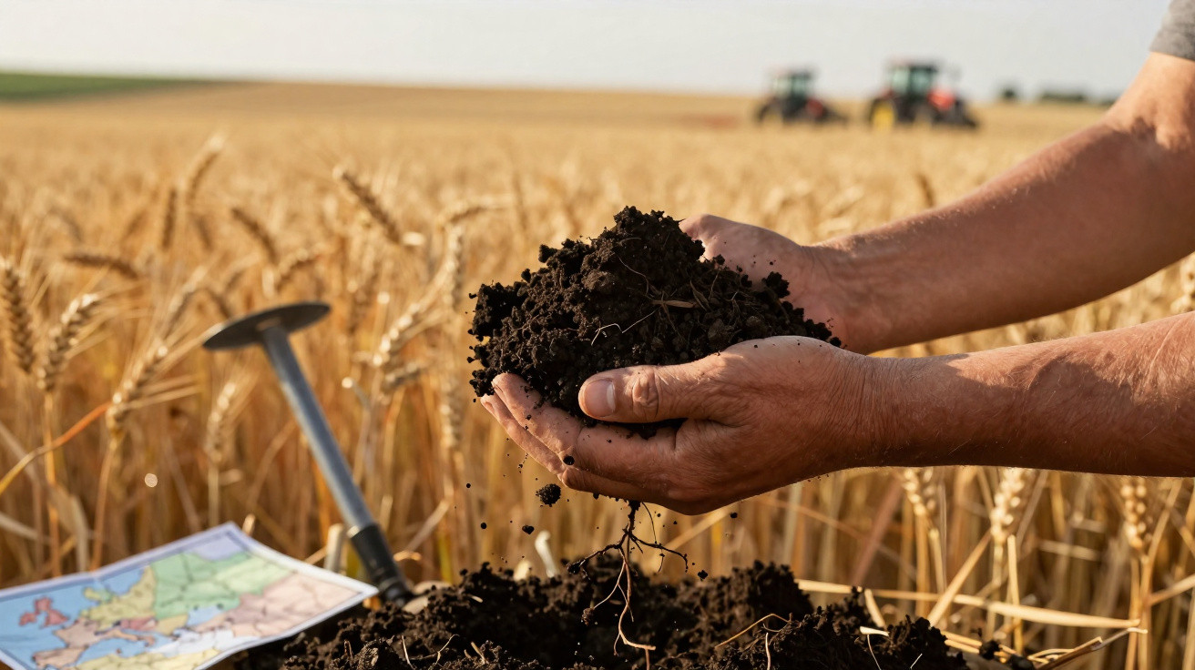 Mains tenant de la terre fertile devant un champ de blé mûr avec carte et outils agricoles au sol.