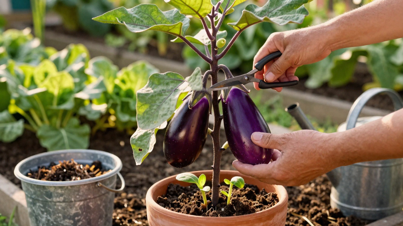 Deux aubergines violettes cueillies à la paire dans un pot, dans un jardin potager.