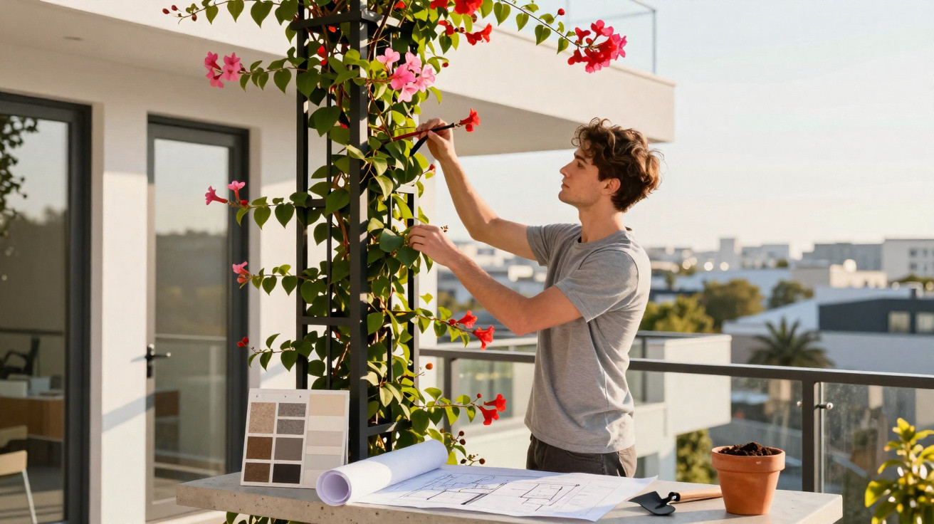 Jeune homme peignant des fleurs rouges et roses sur une pergola sur une terrasse urbaine ensoleillée.