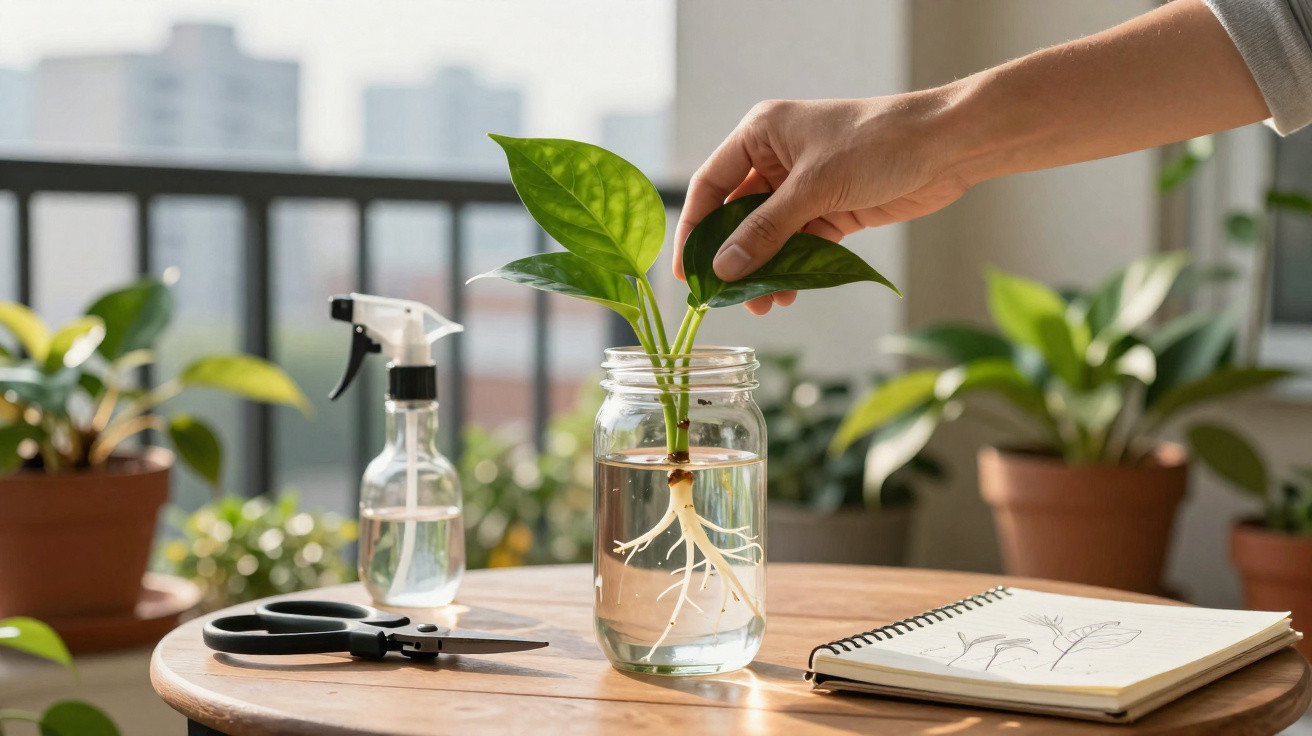 Main tenant une bouture de plante aux racines visibles dans un bocal d’eau sur une table en bois.