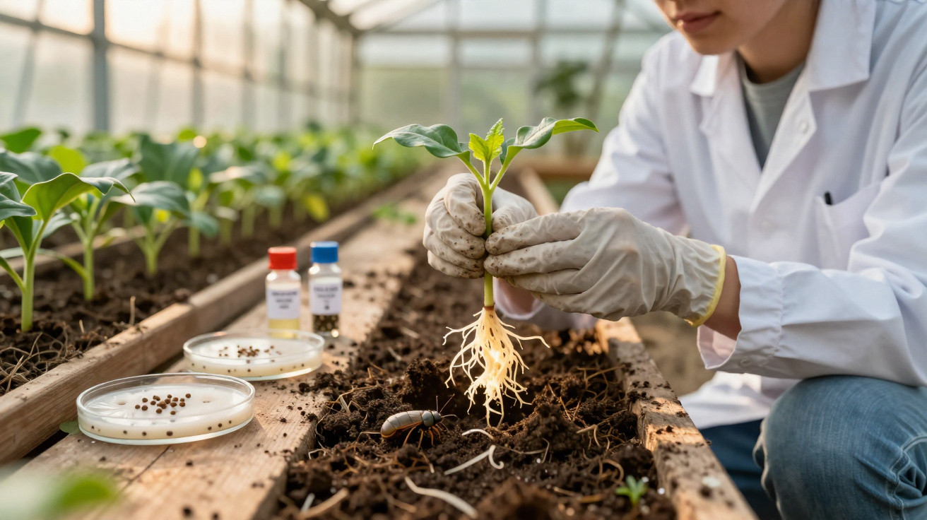 Scientifique en blouse manipulant une jeune plante dans un laboratoire de recherche sur les sols.