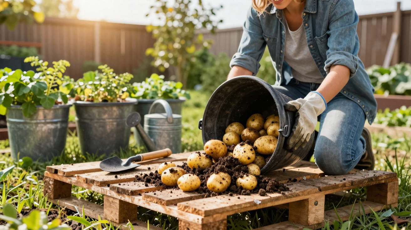 Personne récoltant des pommes de terre dans un jardin, en train de vider un seau sur une palette en bois.