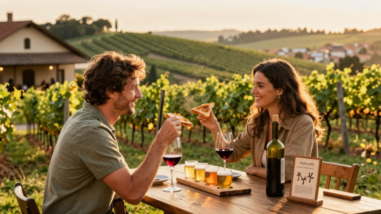 Un couple souriant trinque avec des verres de vin rouge et bière en dégustant des pizzas dans un vignoble.
