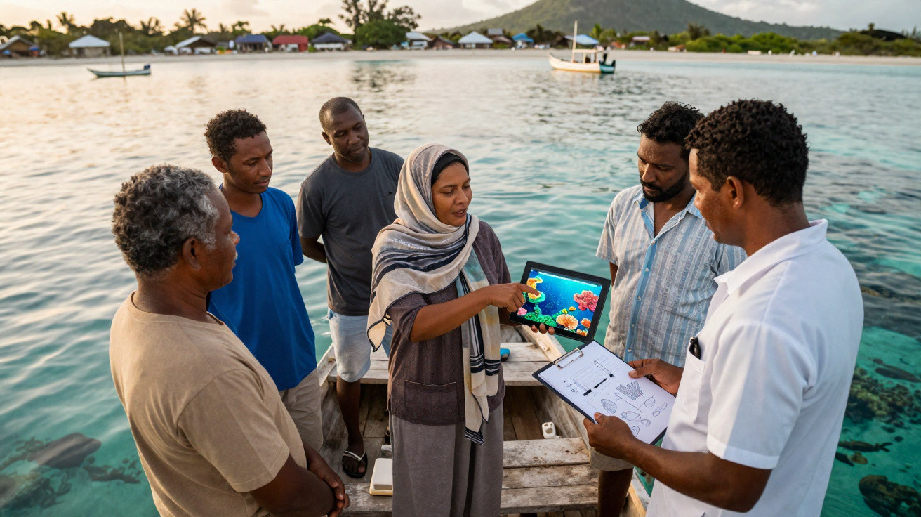 Un groupe de personnes sur un ponton discute autour d'une tablette avec des images marines.