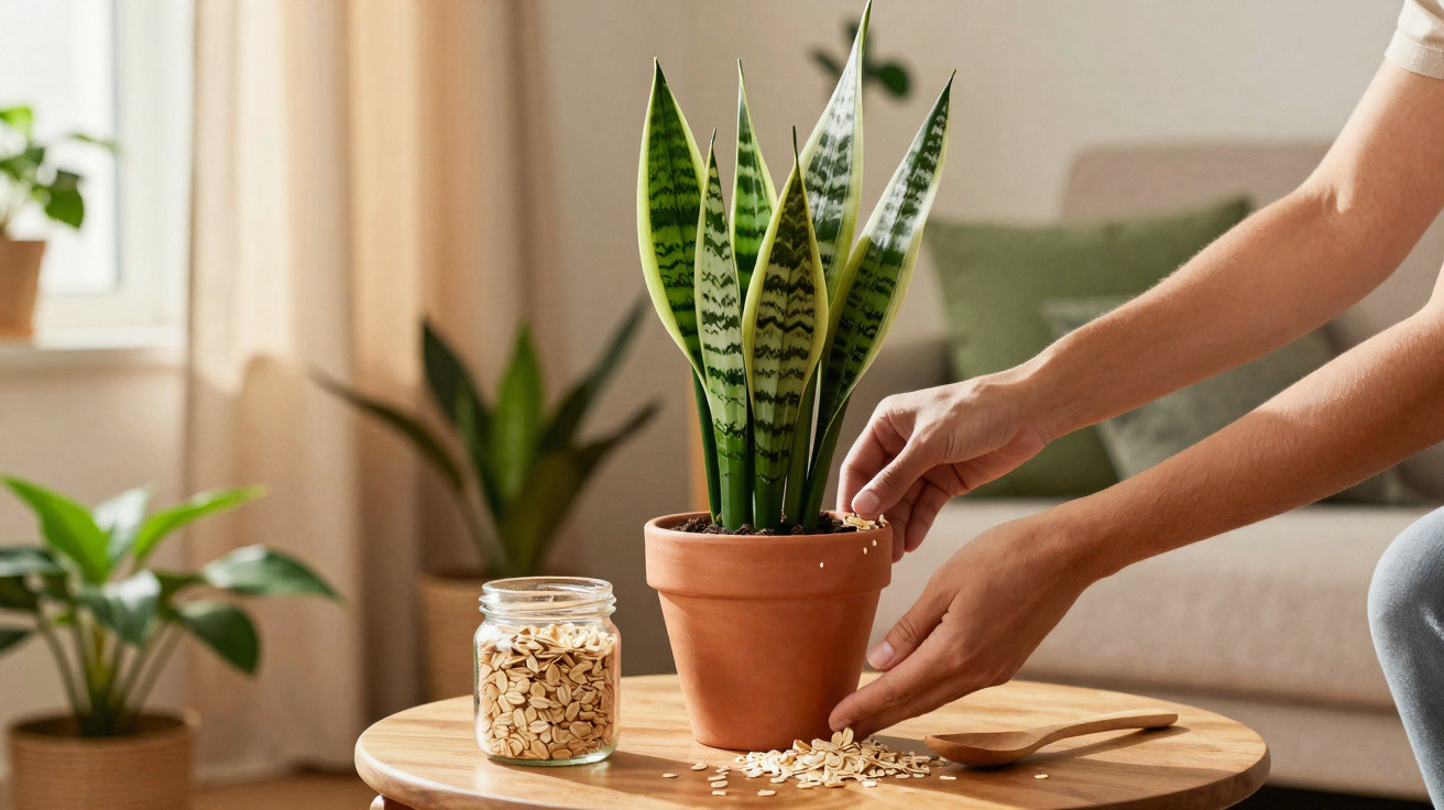 Personne prenant soin d’une plante verte dans un pot en terre cuite sur une table en bois, graines éparpillées.