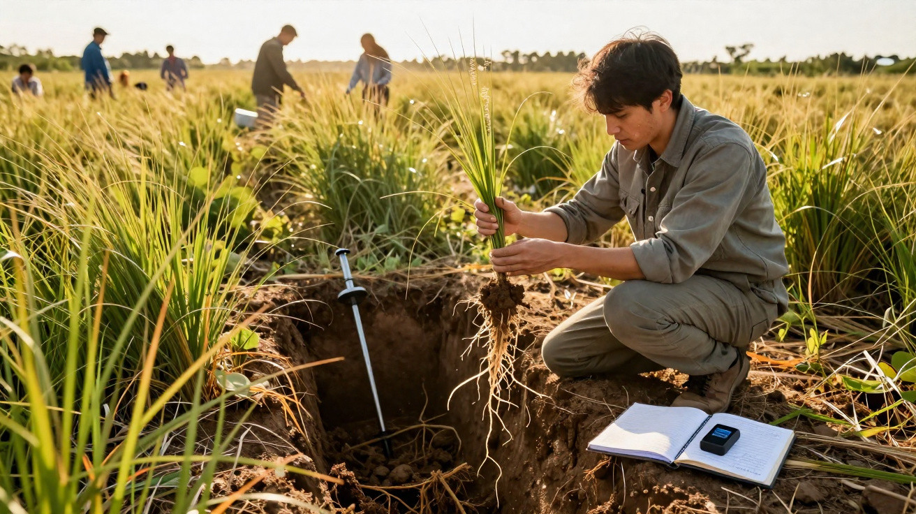 Un homme examine des plants dans un champ, avec un carnet ouvert et un outil dans une tranchée, autres personnes en arrière-p