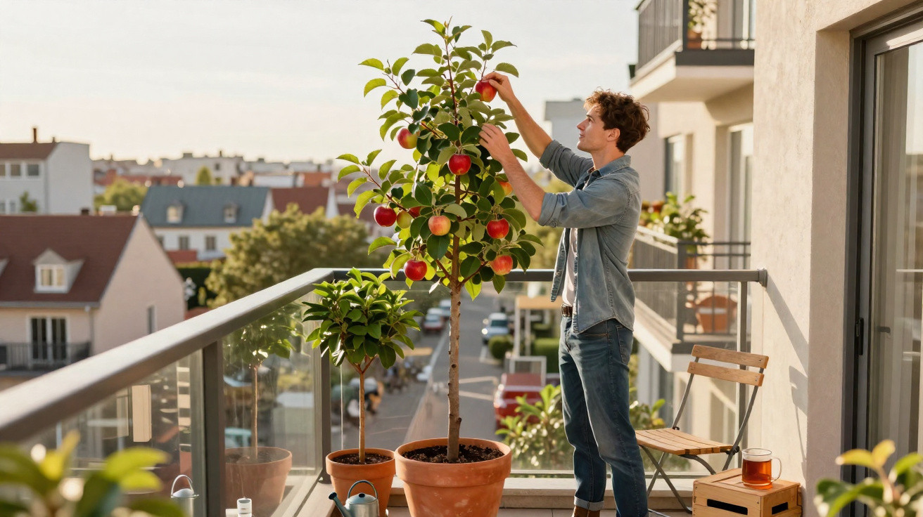 Homme cueillant des pommes sur un jeune pommier en pot sur un balcon d'appartement ensoleillé.