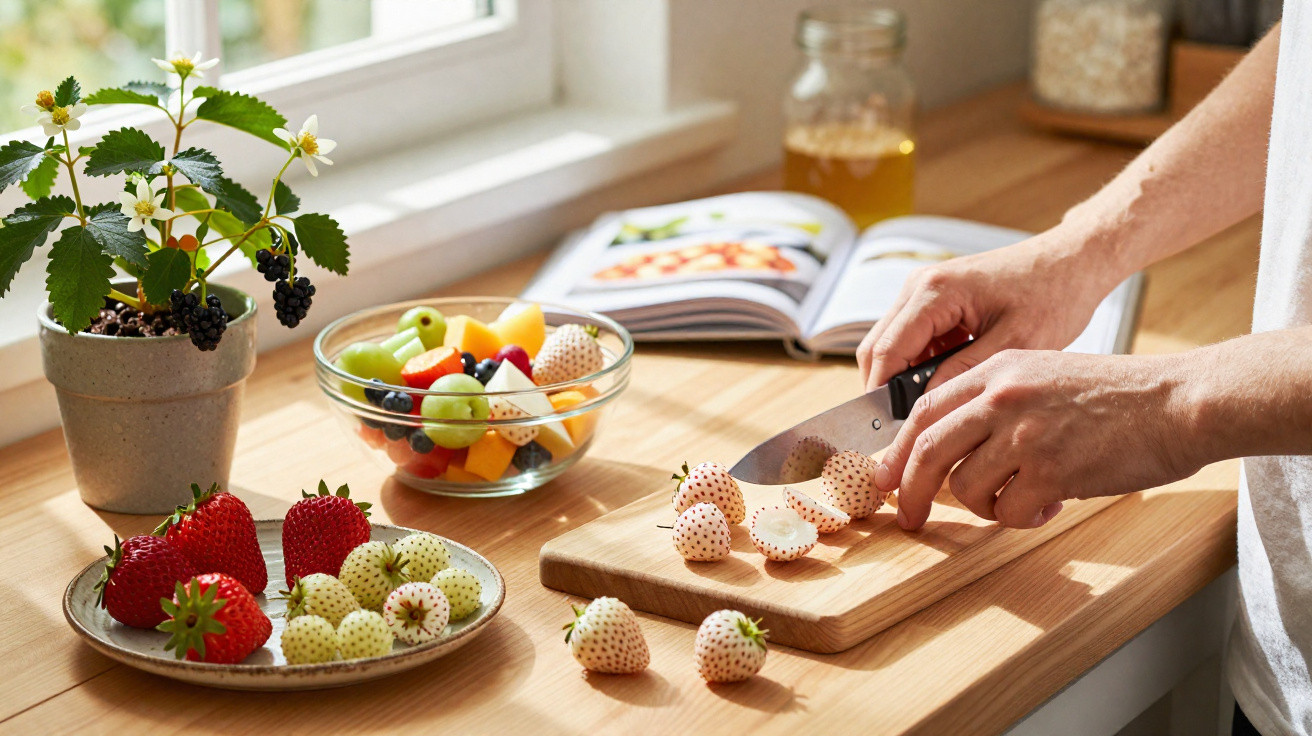 Mains coupant des fraises blanches sur une planche en bois avec des fruits frais et un livre de recettes.