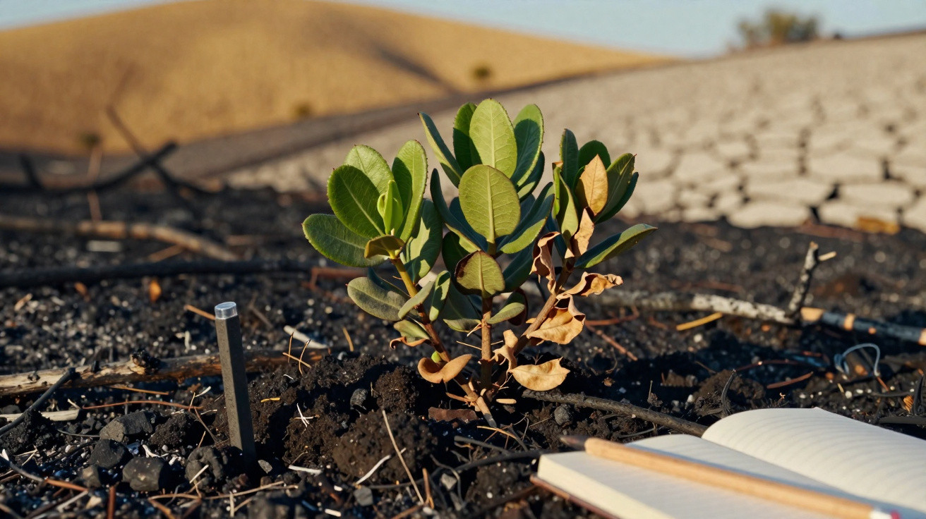 Jeune plante verte poussant sur un sol brûlé avec un carnet ouvert à proximité sous un ciel clair.