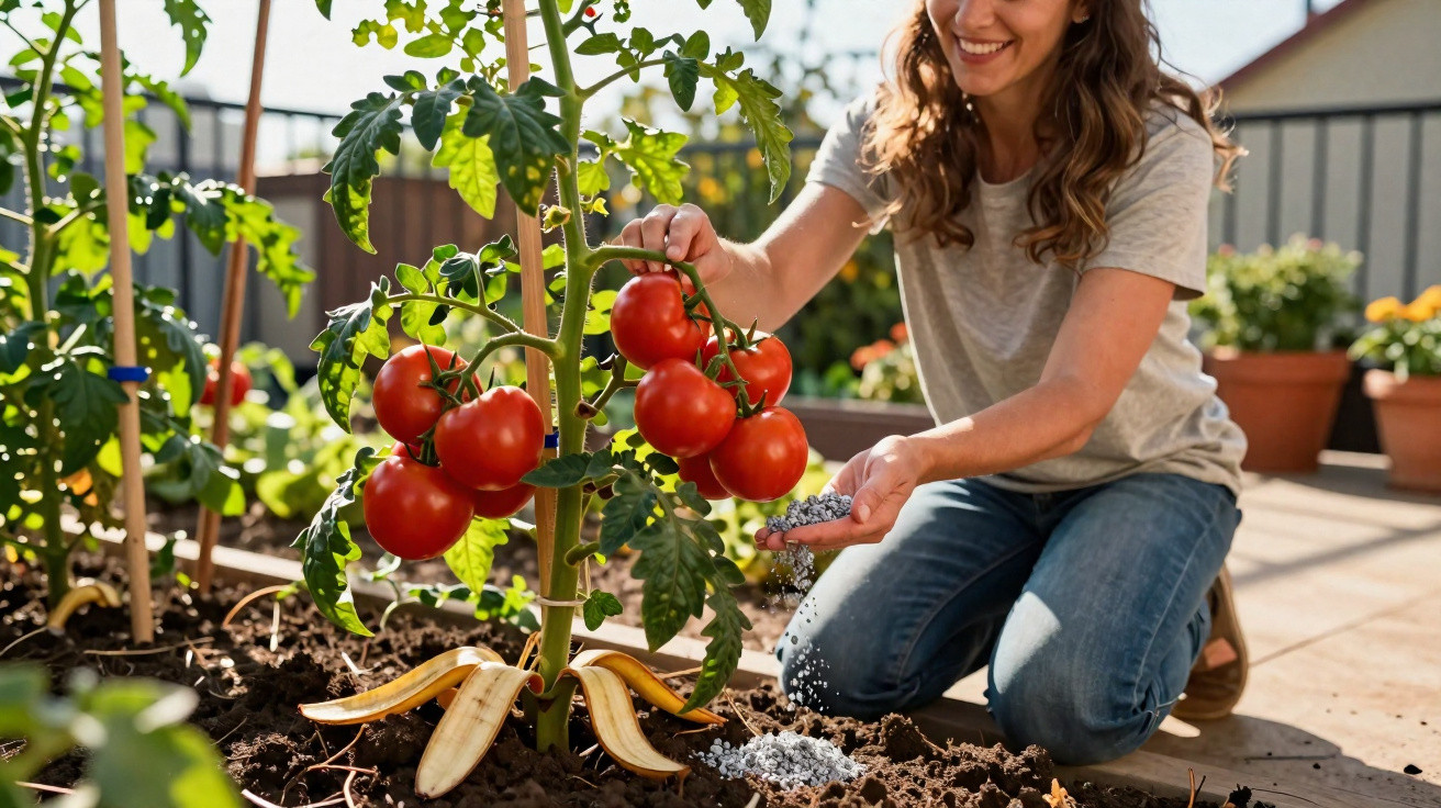 Femme fertilisant un pied de tomates rouges dans un potager urbain ensoleillé avec des pelures de banane au sol.