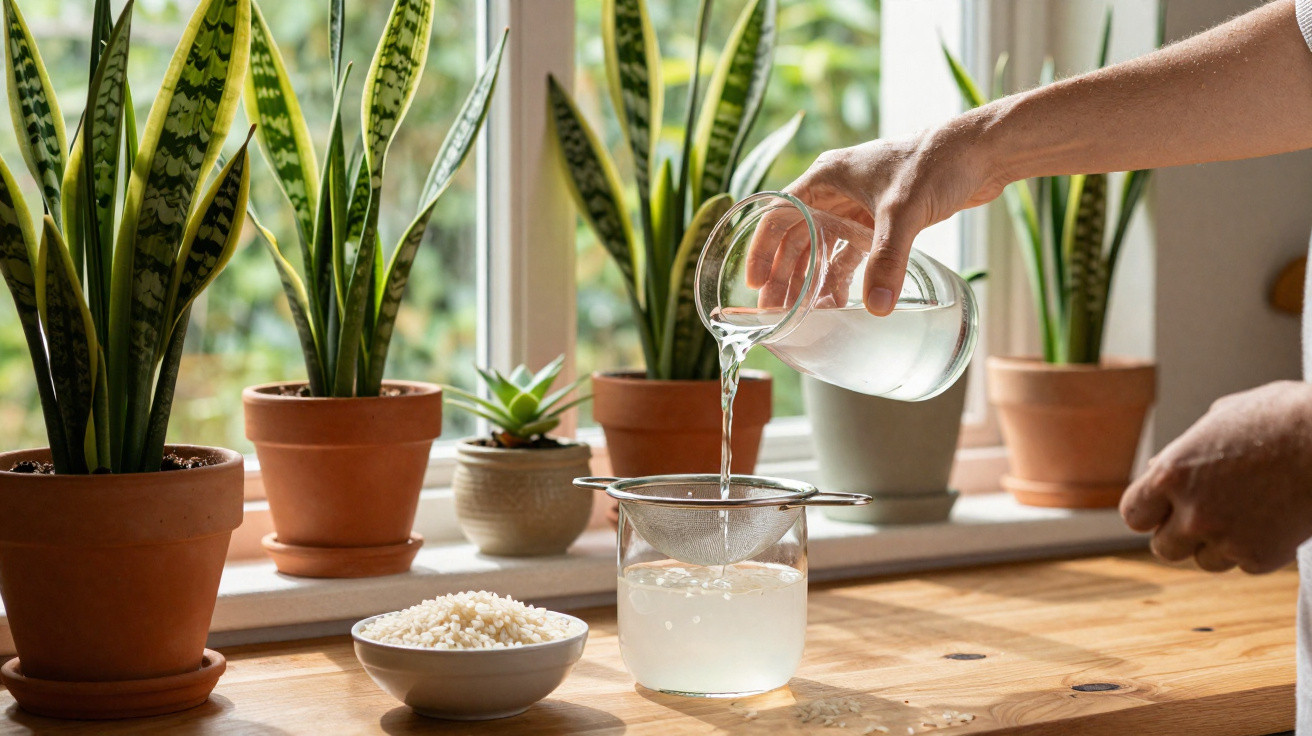 Main versant de l'eau dans un tamis au-dessus d'un verre, avec plantes en pot et bol de riz sur une table en bois.