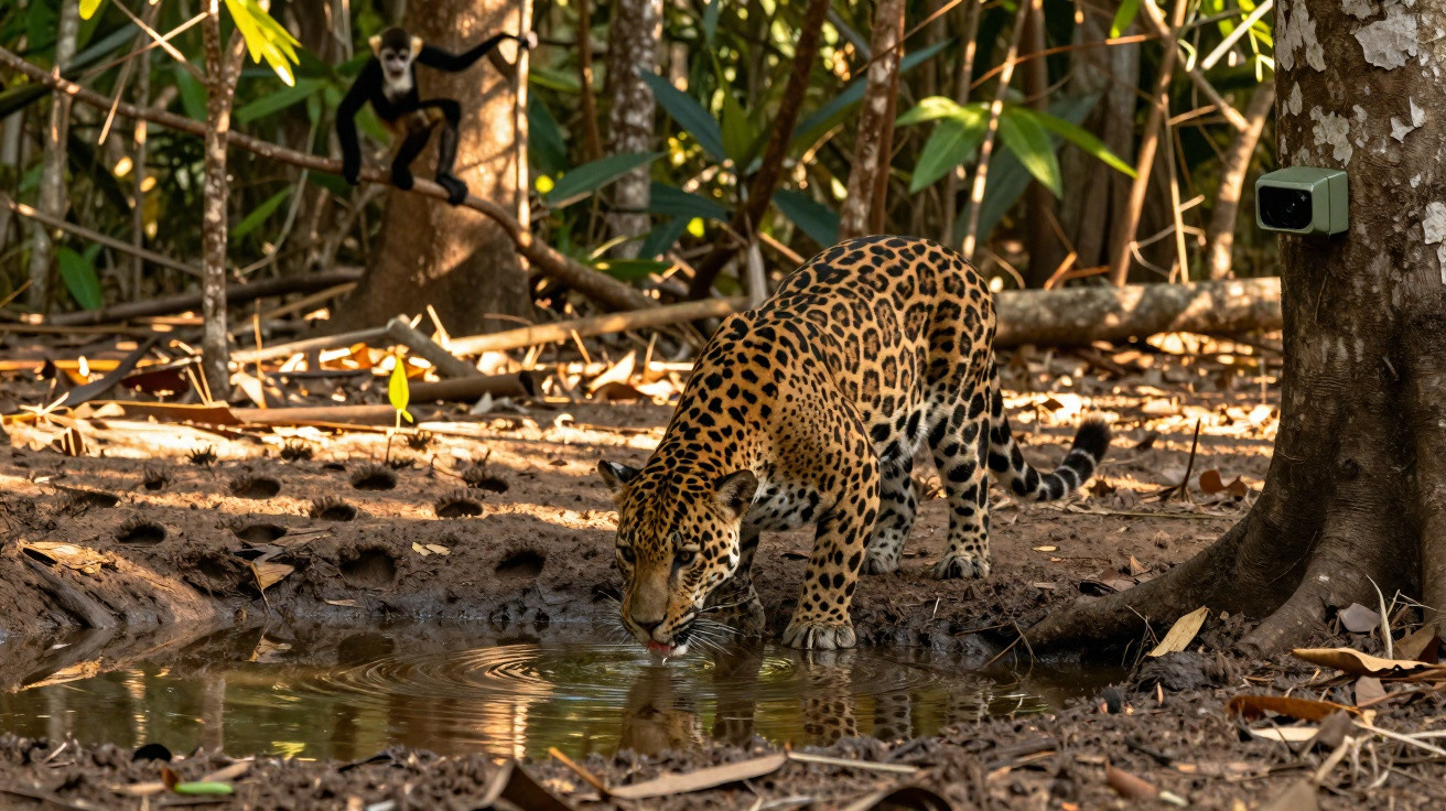 Jaguar buvant de l'eau dans un point d'eau en pleine forêt tropicale avec un singe noir et blanc en arrière-plan.