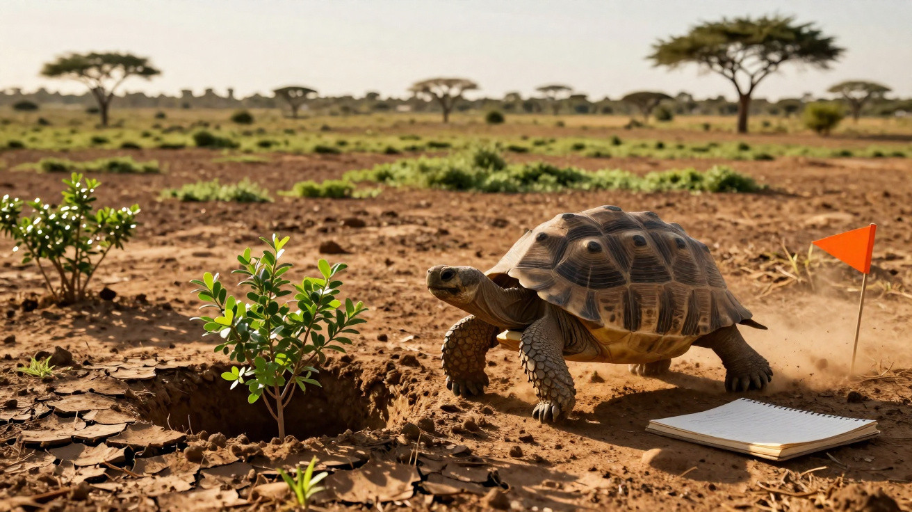 Une tortue marche sur un sol sec près d’un trou planté de jeunes arbustes, un drapeau orange et un carnet à côté.