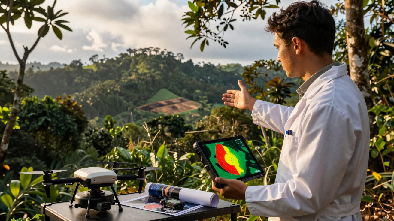 Homme en blouse blanche utilisant une tablette pour analyser des données agricoles dans un paysage forestier.