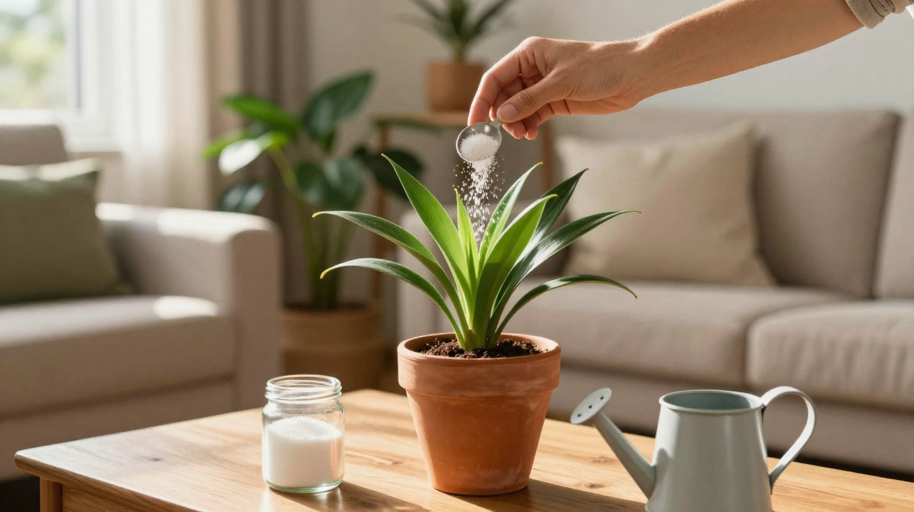 Main ajoutant une cuillère de sel sur une plante verte en pot sur une table en bois dans un salon lumineux.