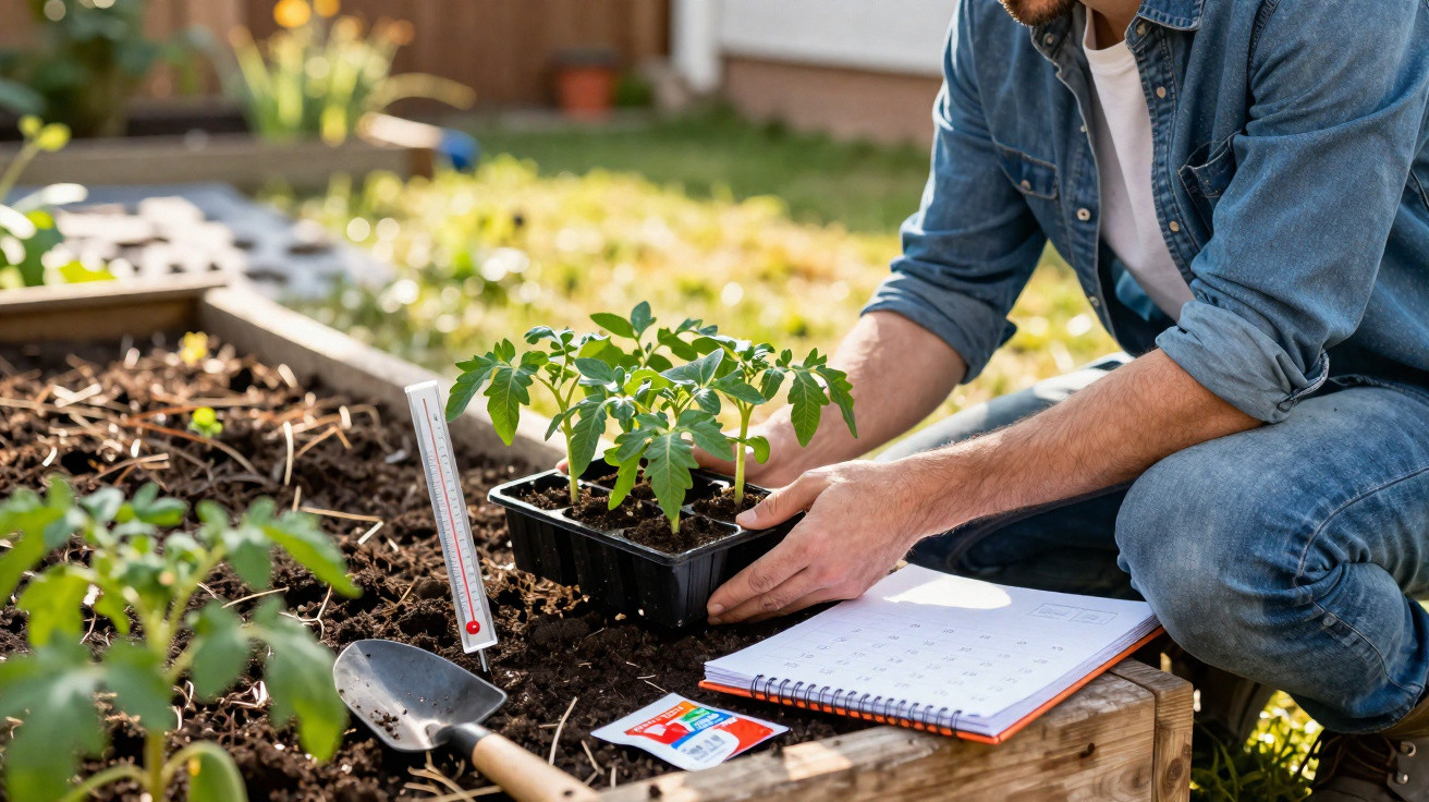 Personne plantant des jeunes plants de tomates dans un potager avec des outils et un carnet à côté.