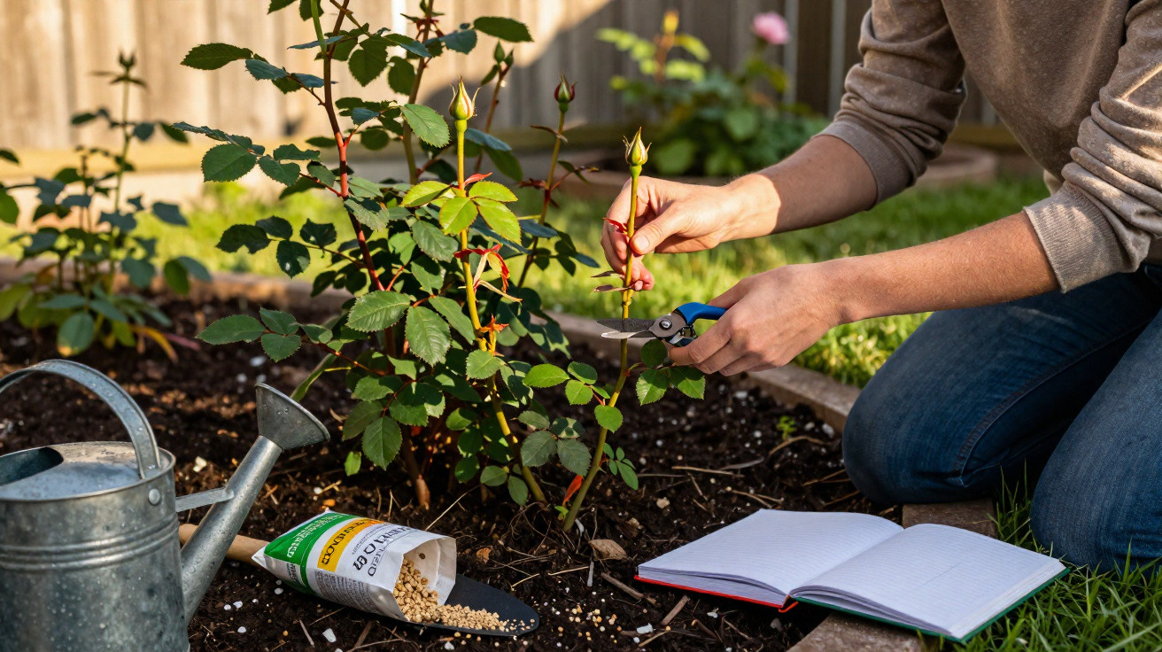 Personne taillant une rose dans un jardin avec un arrosoir, un carnet et des graines au sol.