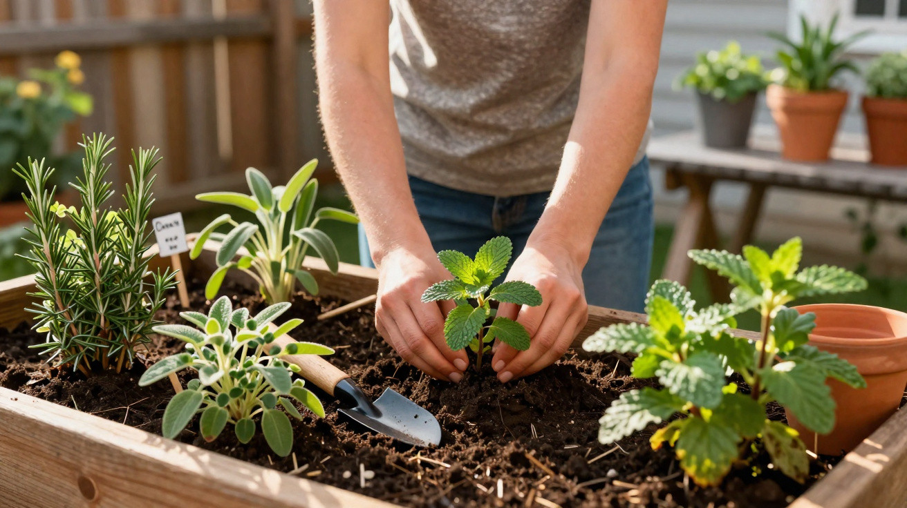 Personne plantant une jeune plante dans un carré potager avec plusieurs herbes aromatiques.