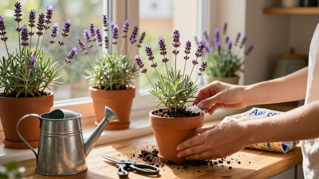 Personne rempotant une plante de lavande sur un rebord de fenêtre ensoleillé avec outils de jardinage.