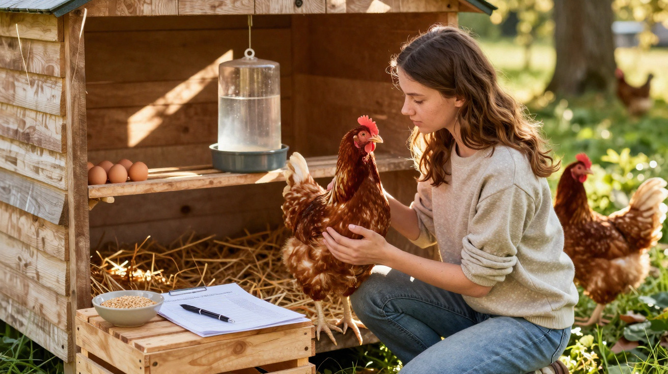 Jeune femme caressant une poule devant un poulailler en bois avec oeufs et nourriture au soleil.