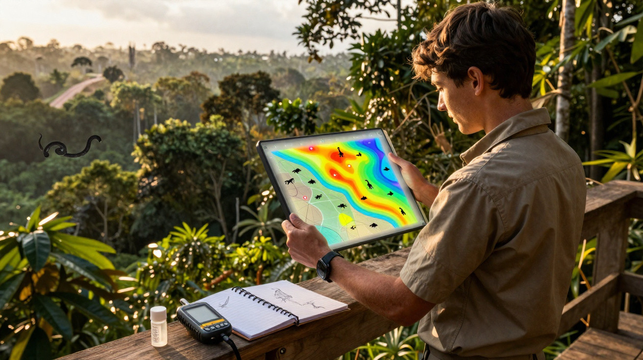 Homme observant une tablette avec carte thermique colorée, carnet et appareil sur balustrade en forêt tropicale.
