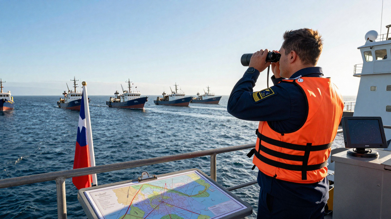 Homme en gilet de sauvetage orange observe au loin des bateaux de pêche alignés sur l'eau via des jumelles.