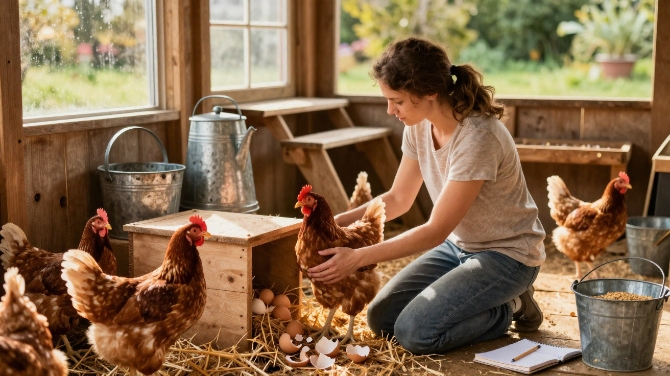 Femme prenant soin de poules dans un poulailler en bois avec des œufs et de la paille.