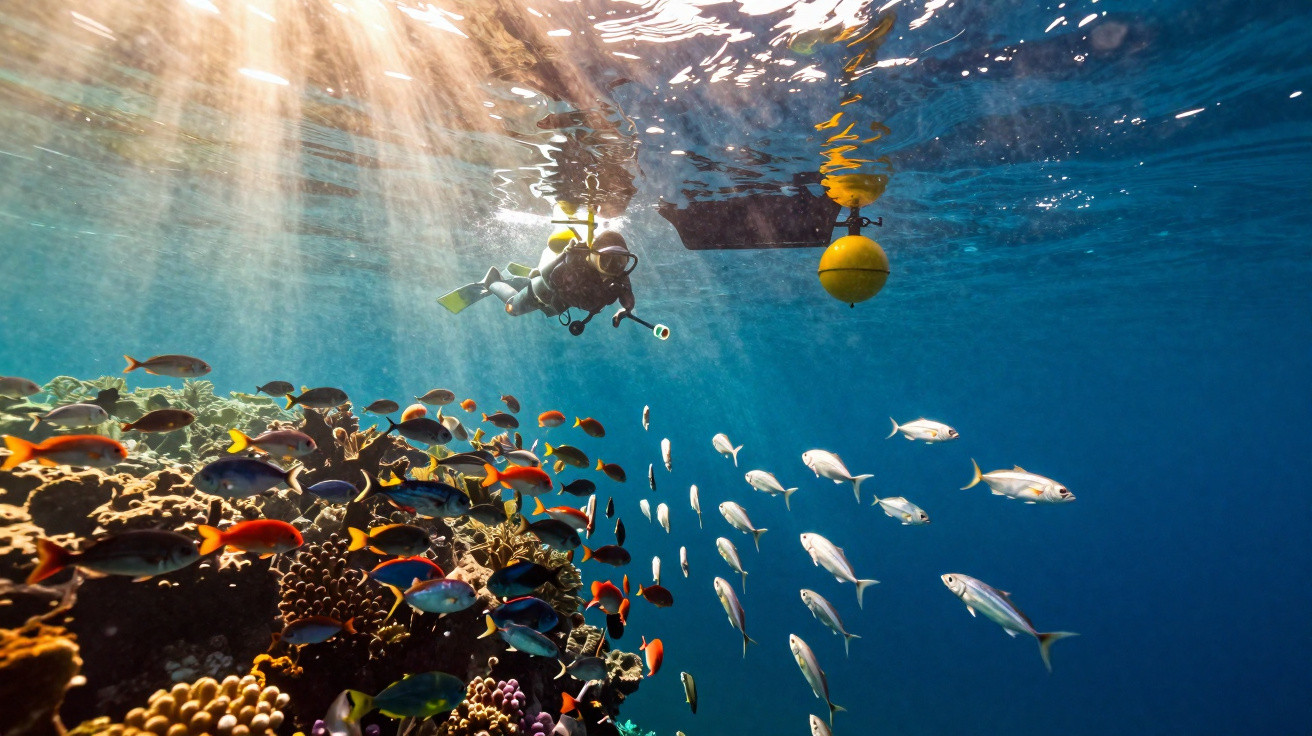 Plongeur sous-marin explorant un récif corallien coloré avec un banc de poissons multicolores et lumière du soleil.