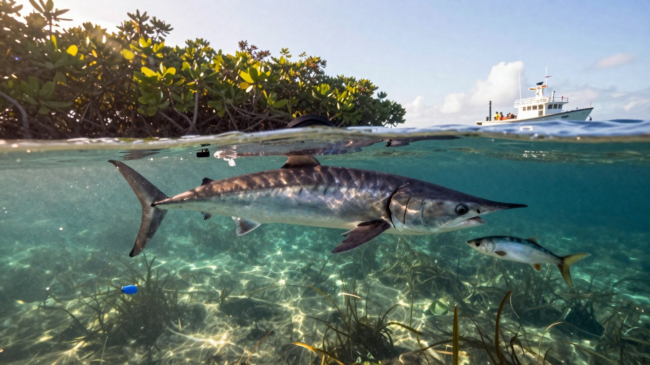 Vue partagée sous-marine et de surface montrant un grand poisson barracuda nageant près d'un poisson plus petit près d'une ma