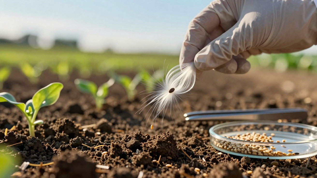 Main gantée tenant une graine avec aigrette prête à être plantée dans un sol fertile en plein champ.