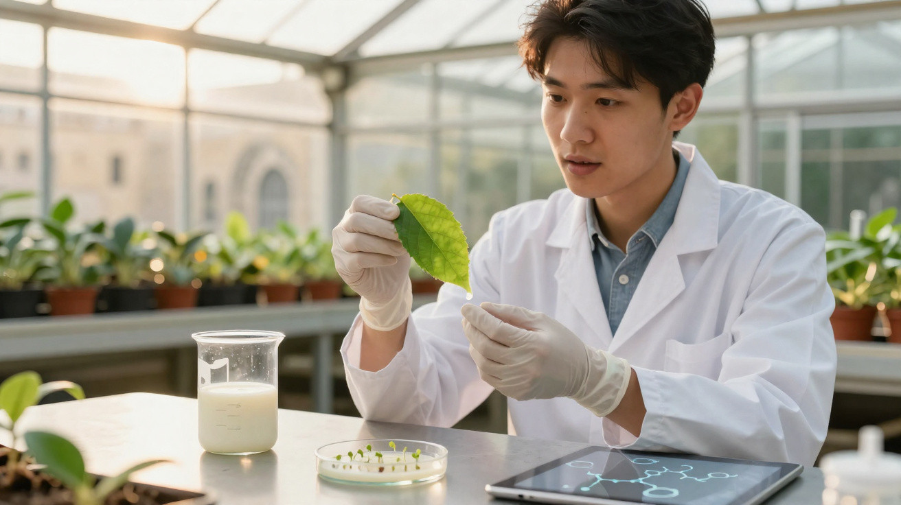 Chercheur en blouse blanche examinant une feuille verte dans un laboratoire avec des plantes et du matériel scientifique.