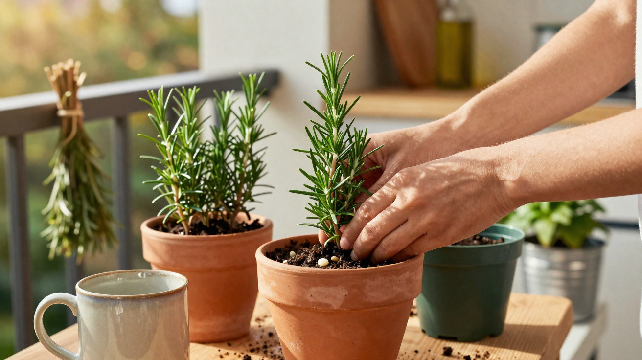Mains prenant soin d’un plant de romarin en pot sur une table en bois, tasse à côté, lumière naturelle.
