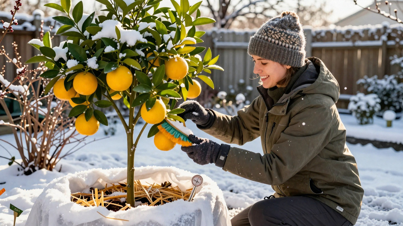 Femme souriante en manteau et bonnet brosse un citronnier dans un jardin enneigé.