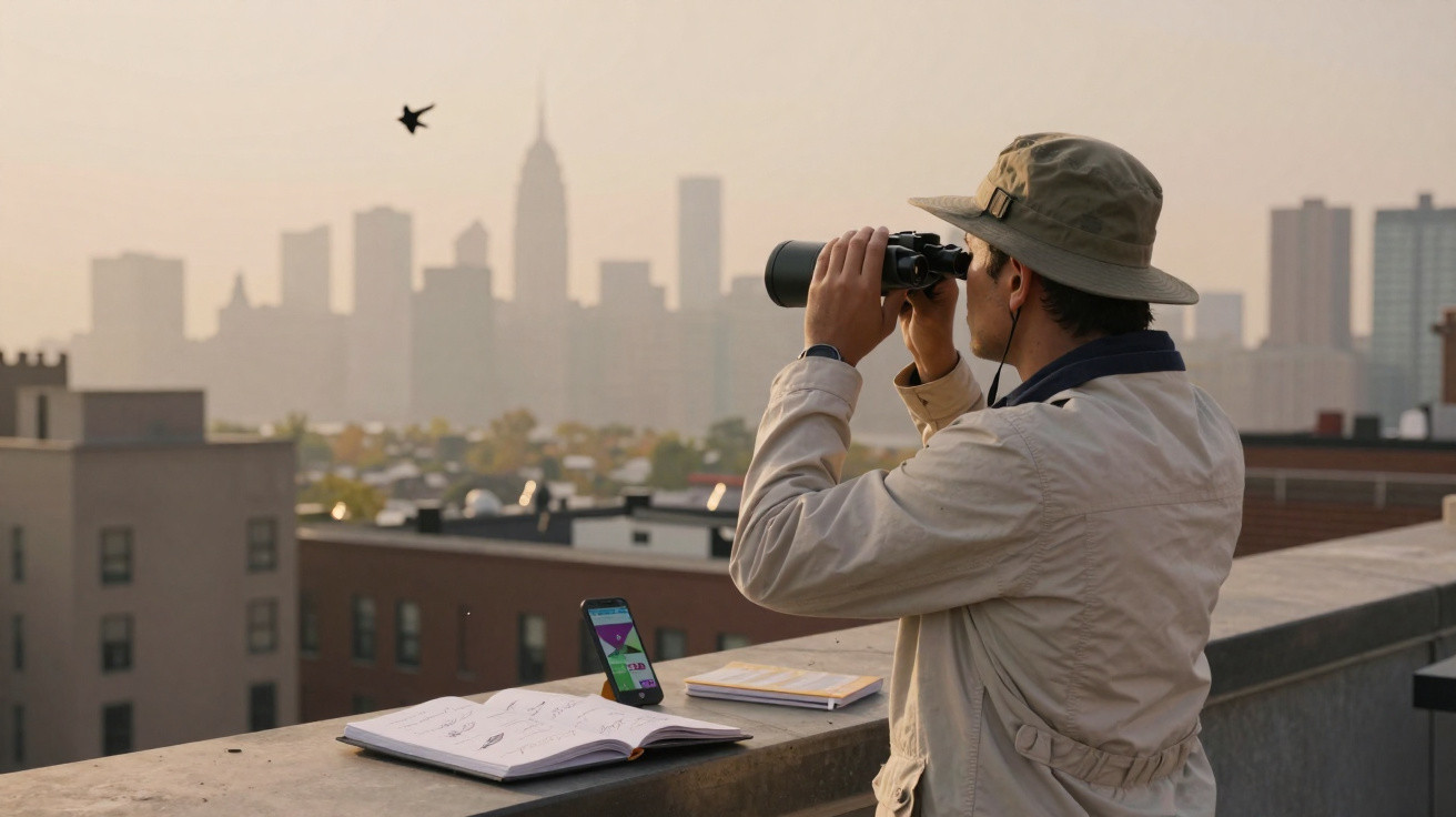 Homme avec chapeau beige observant la ville au loin avec des jumelles sur un toit au coucher du soleil.