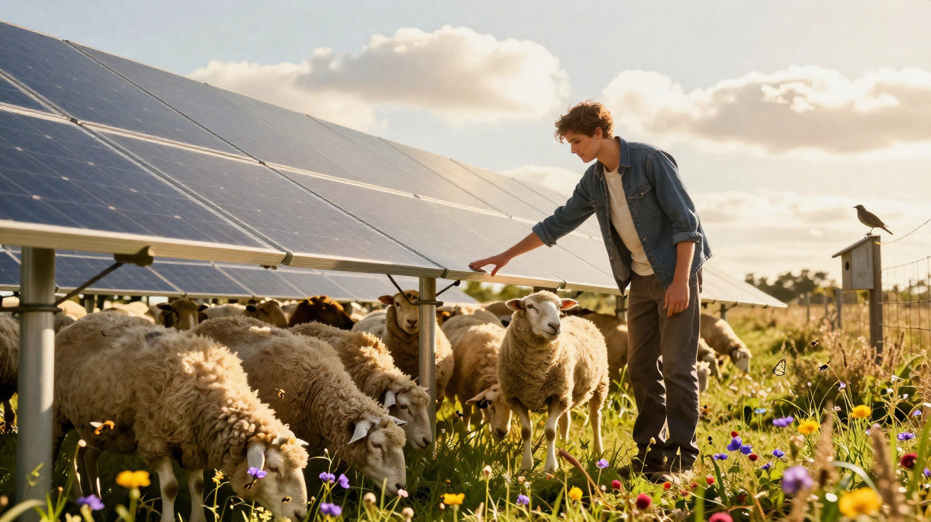 Jeune homme caressant un mouton dans un champ fleuri sous des panneaux solaires au coucher du soleil.