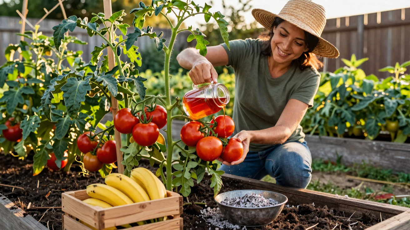Femme arrosant des plants de tomates dans un jardin avec une caisse de bananes à côté.