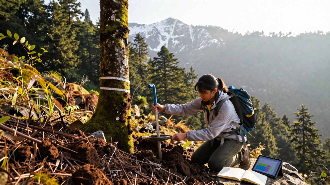 Chercheuse prélève un échantillon de sol dans une forêt de montagne avec un carnet et une tablette posés à côté.