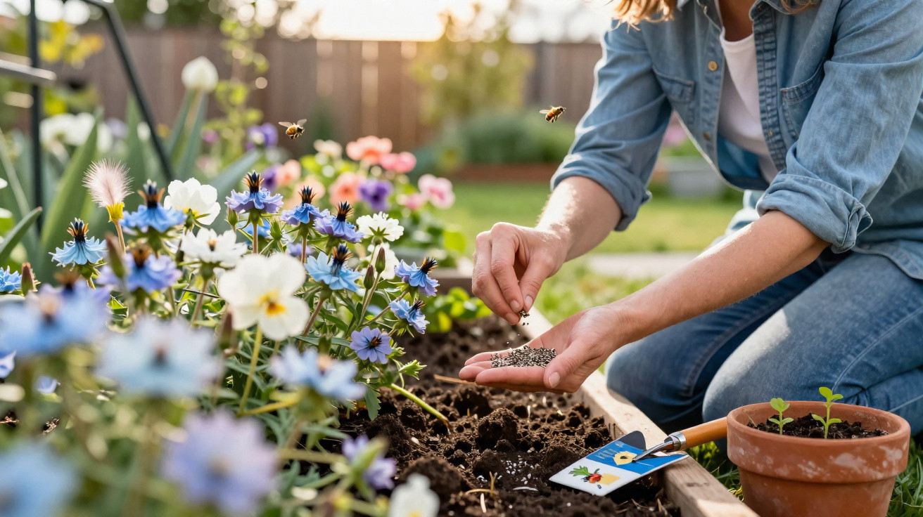 Personne en jean plantant des graines dans un jardin fleuri sous un soleil doux.