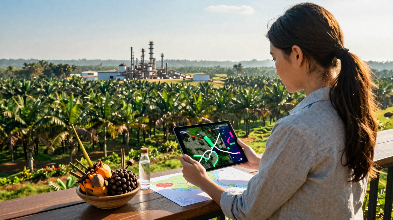 Femme utilisant une tablette avec carte devant une plantation et une usine en arrière-plan sous un ciel clair.