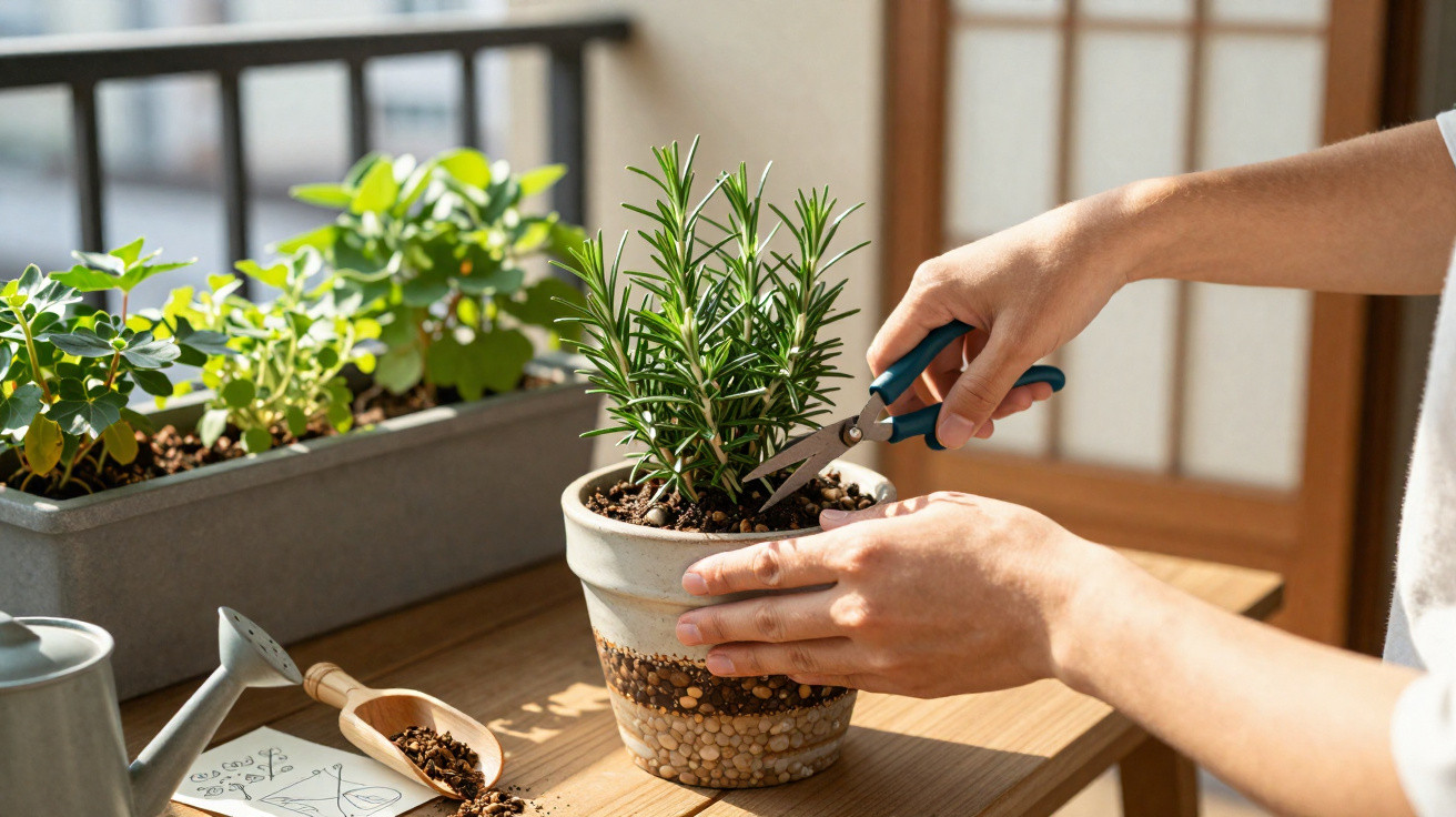 Une personne taille une plante aromatique dans un pot en intérieur, avec des outils de jardinage à côté.