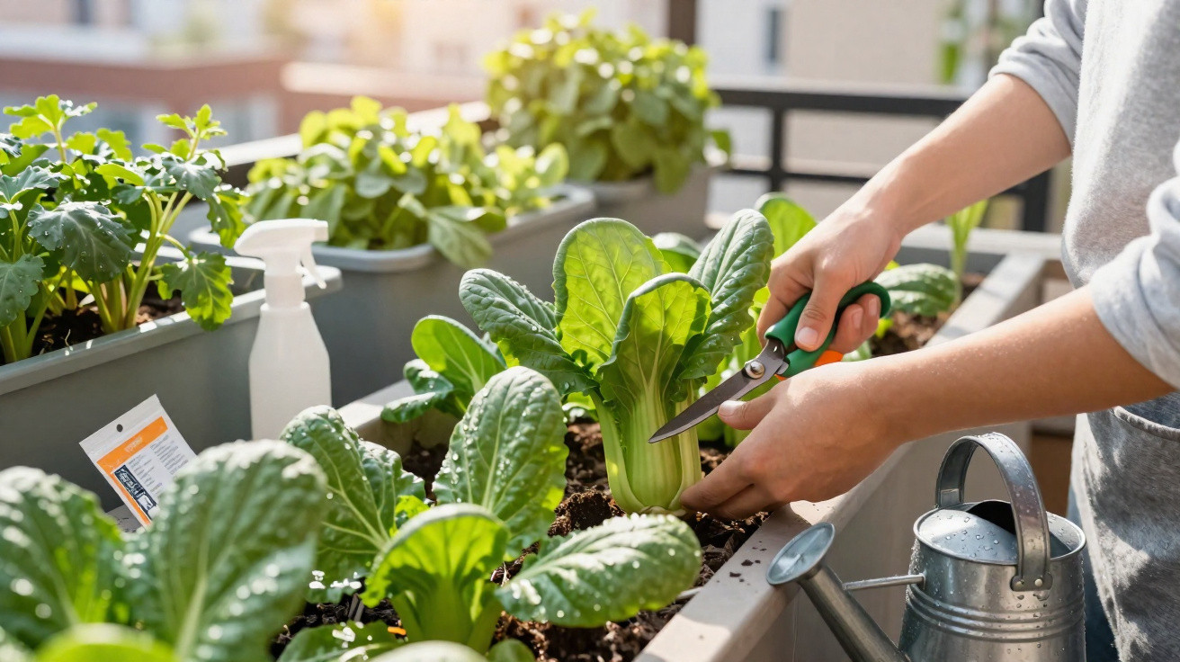 Personne coupant des feuilles de légumes verts dans un potager urbain sur un balcon ensoleillé.