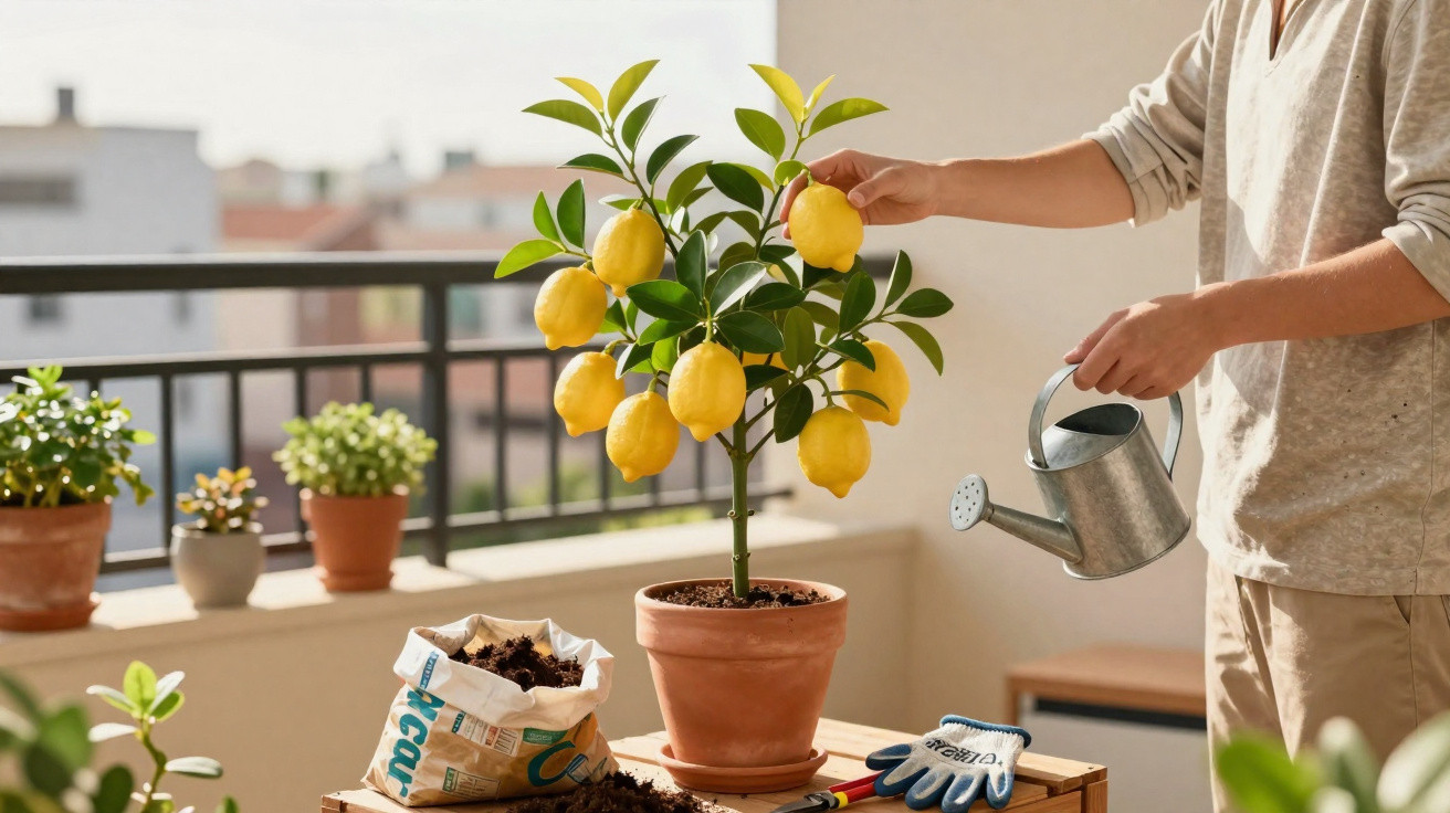 Personne arrosant un citronnier en pot sur un balcon ensoleillé avec des outils de jardinage.