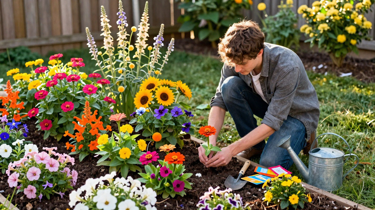 Jeune homme jardinant dans un parterre coloré avec arrosoir et outils, plantant une fleur orange.