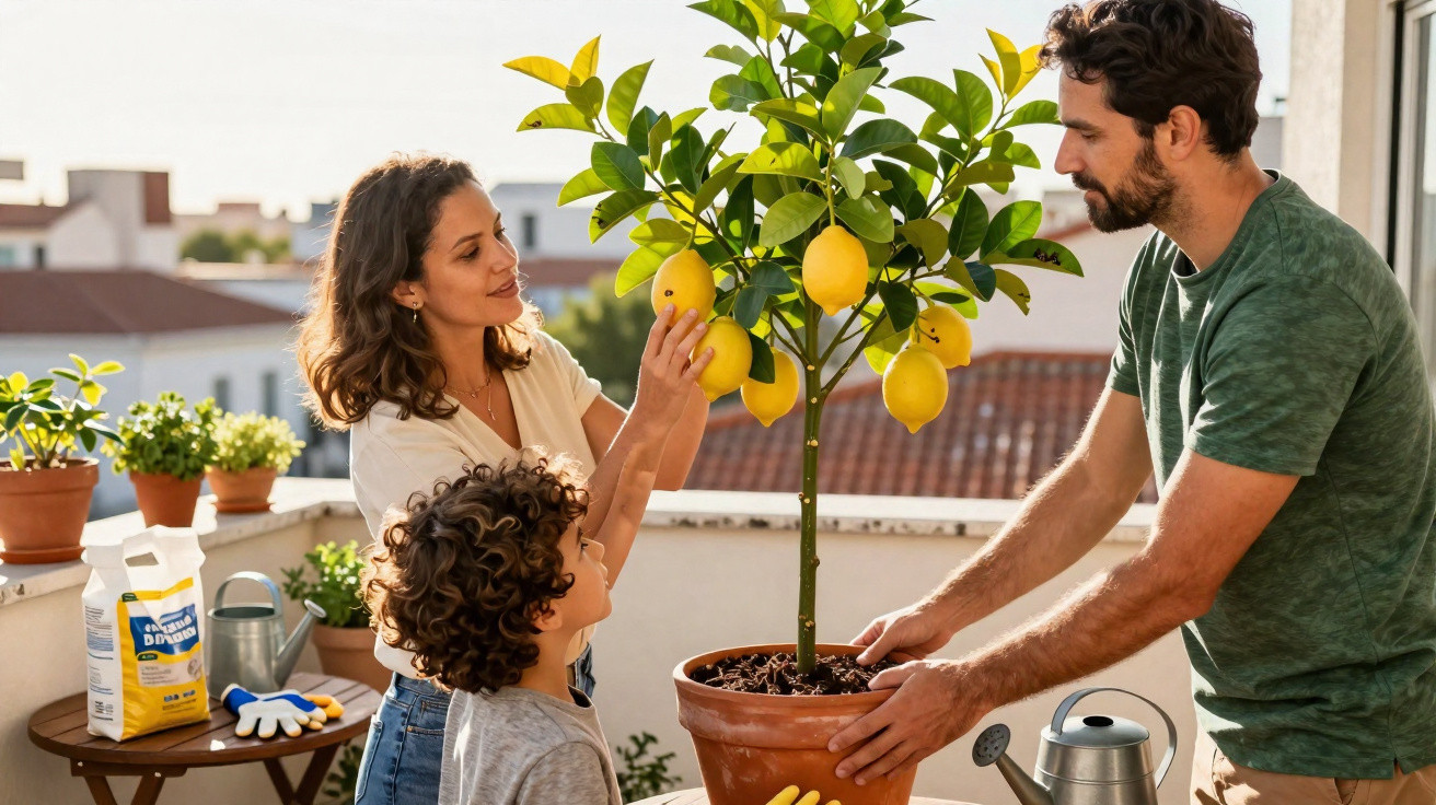 Famille plantant et observant un citronnier en pot sur une terrasse ensoleillée.